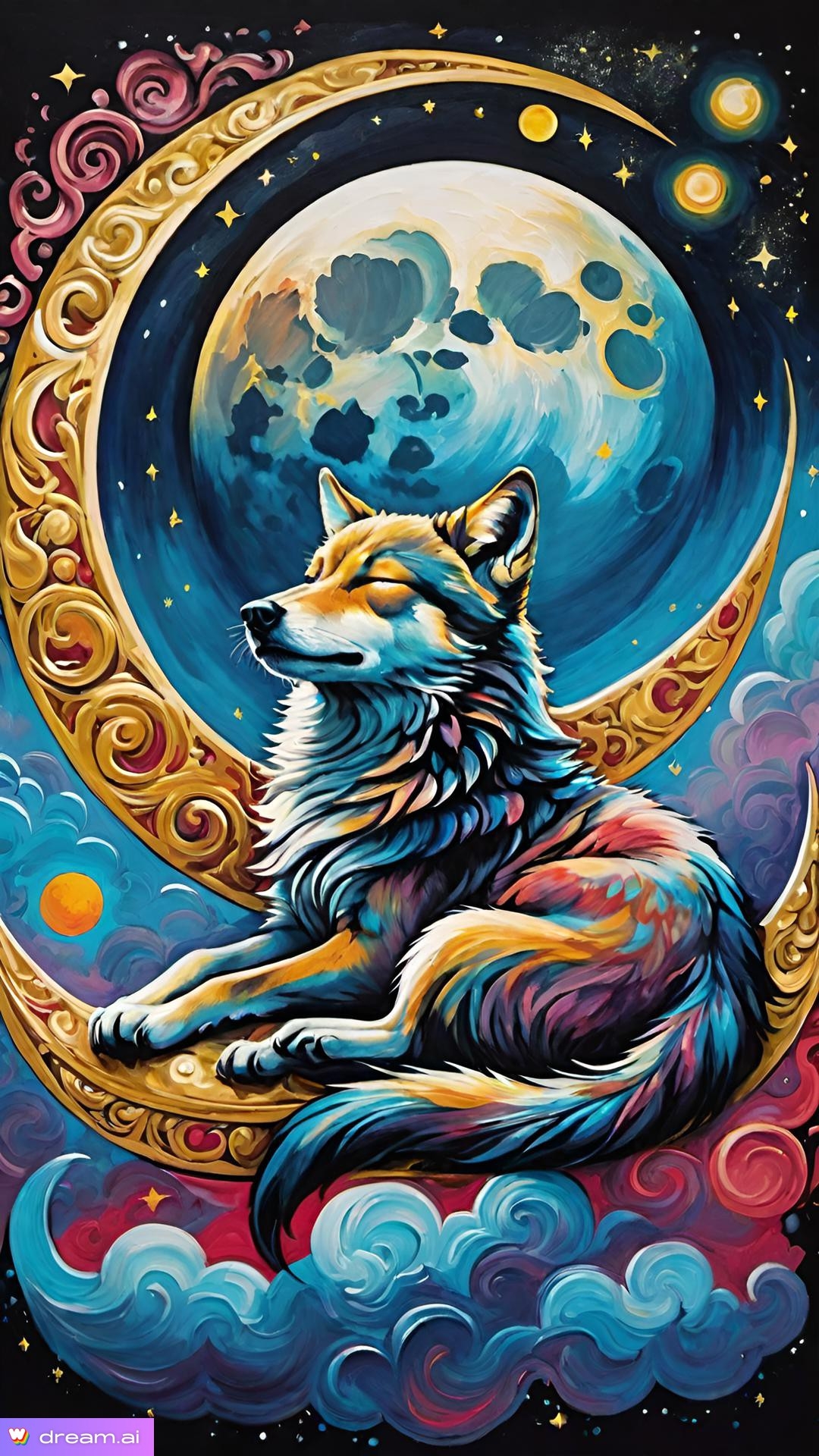 a colorful wolf sitting on a crescent moon