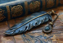 a feather pen on a book