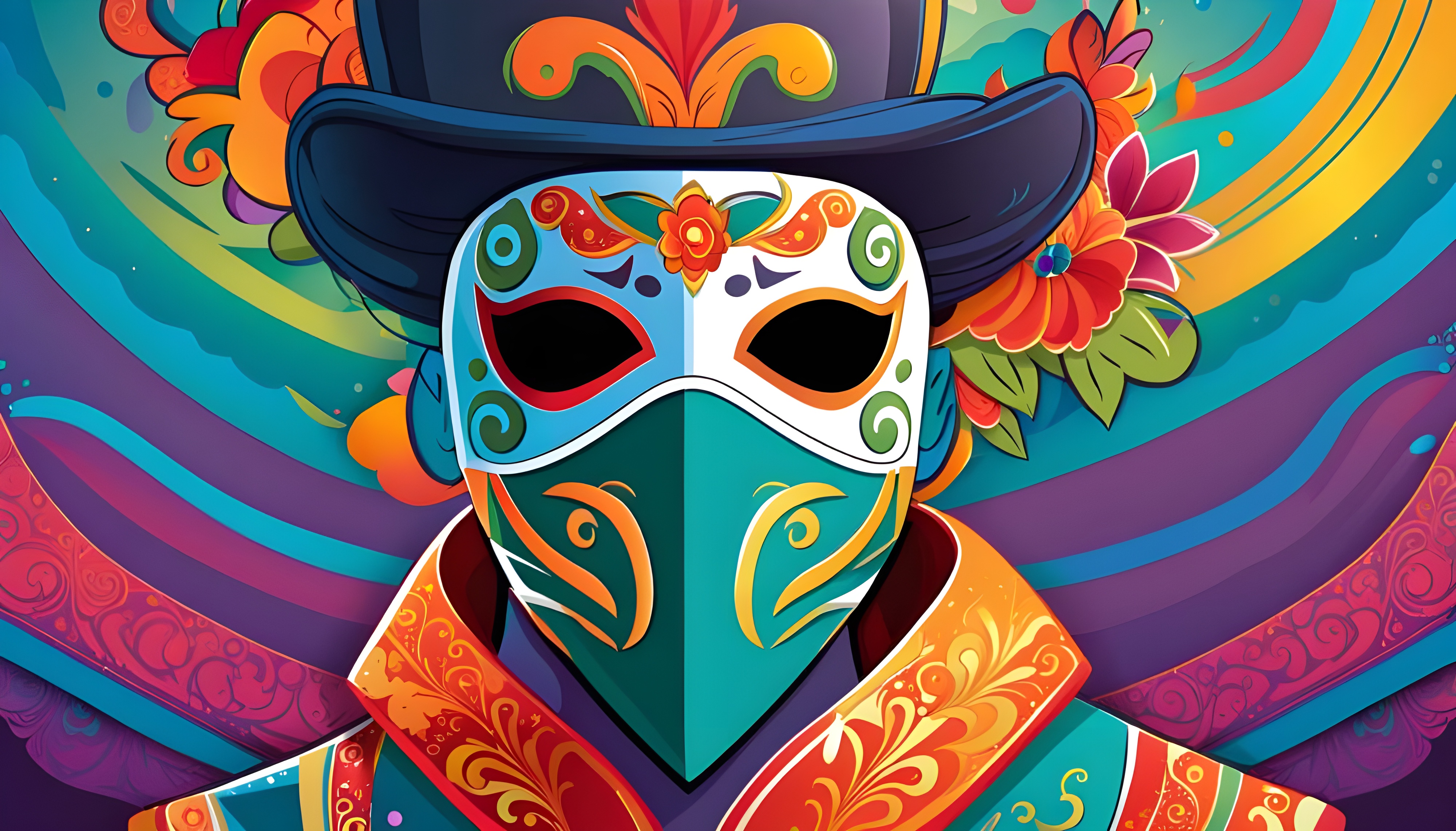 a colorful mask and hat