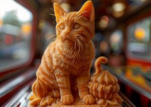 a carved orange cat on a window sill