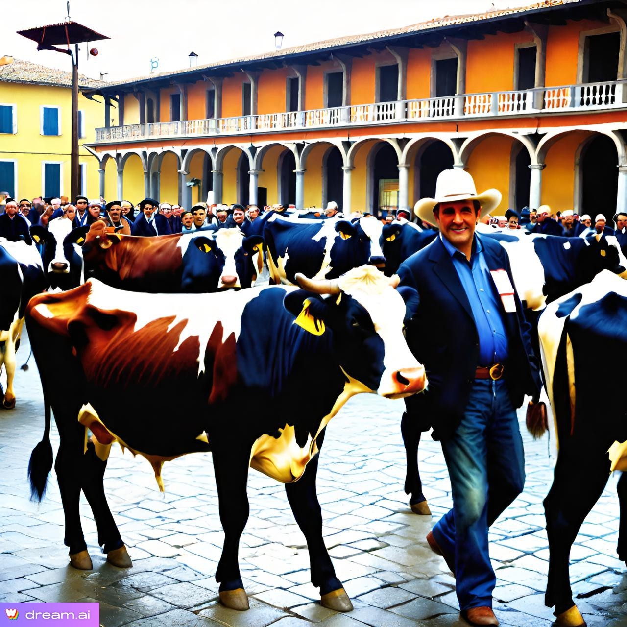 a man walking with cows in a crowd