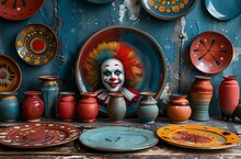 a group of ceramic dishes and a clown face