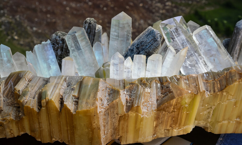 a group of crystals in a bowl
