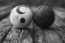 a black and white photo of a pair of balls