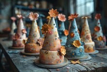 a group of cone shaped cakes with flowers on top