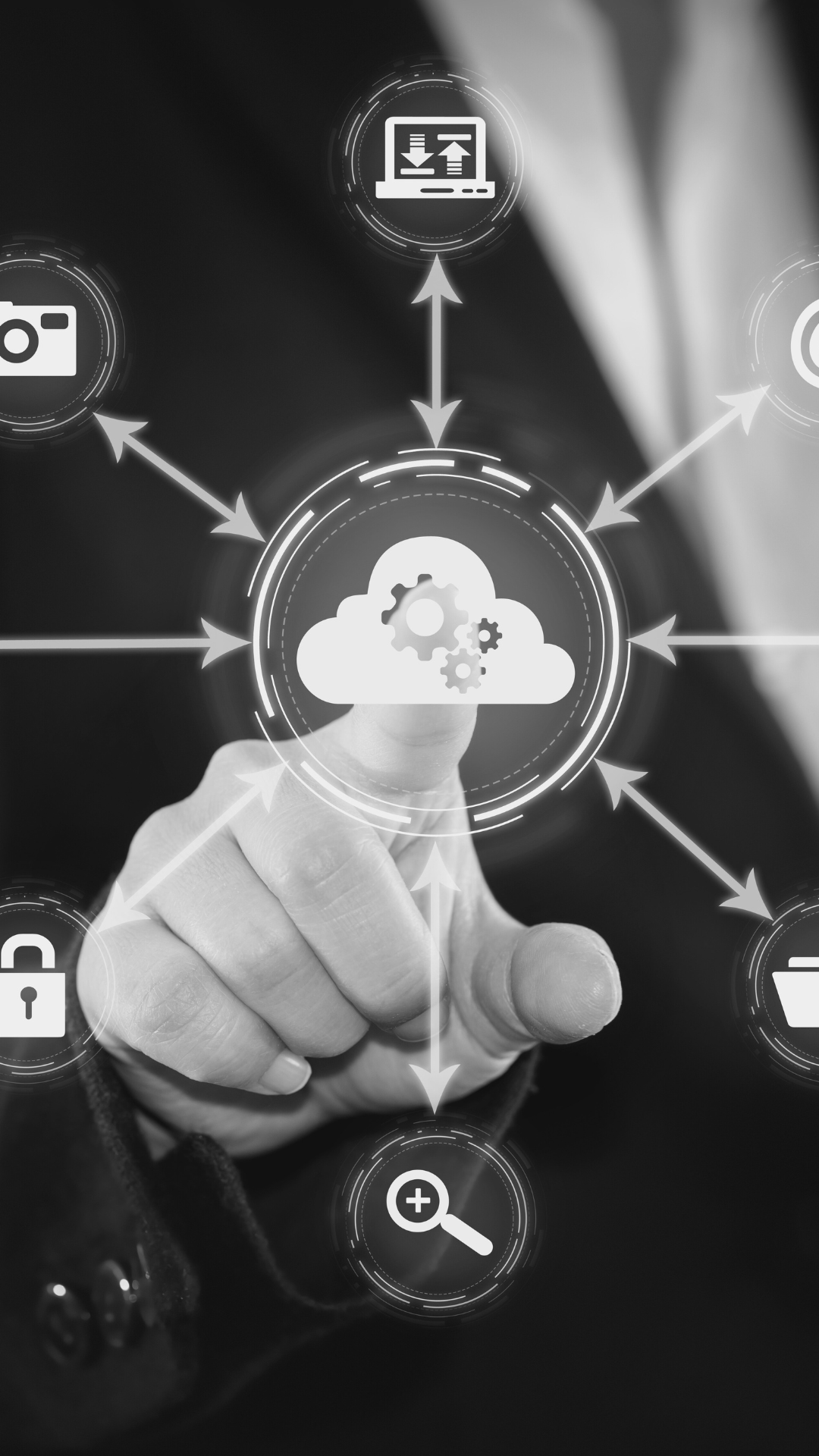 a finger pointing at a cloud computing diagram