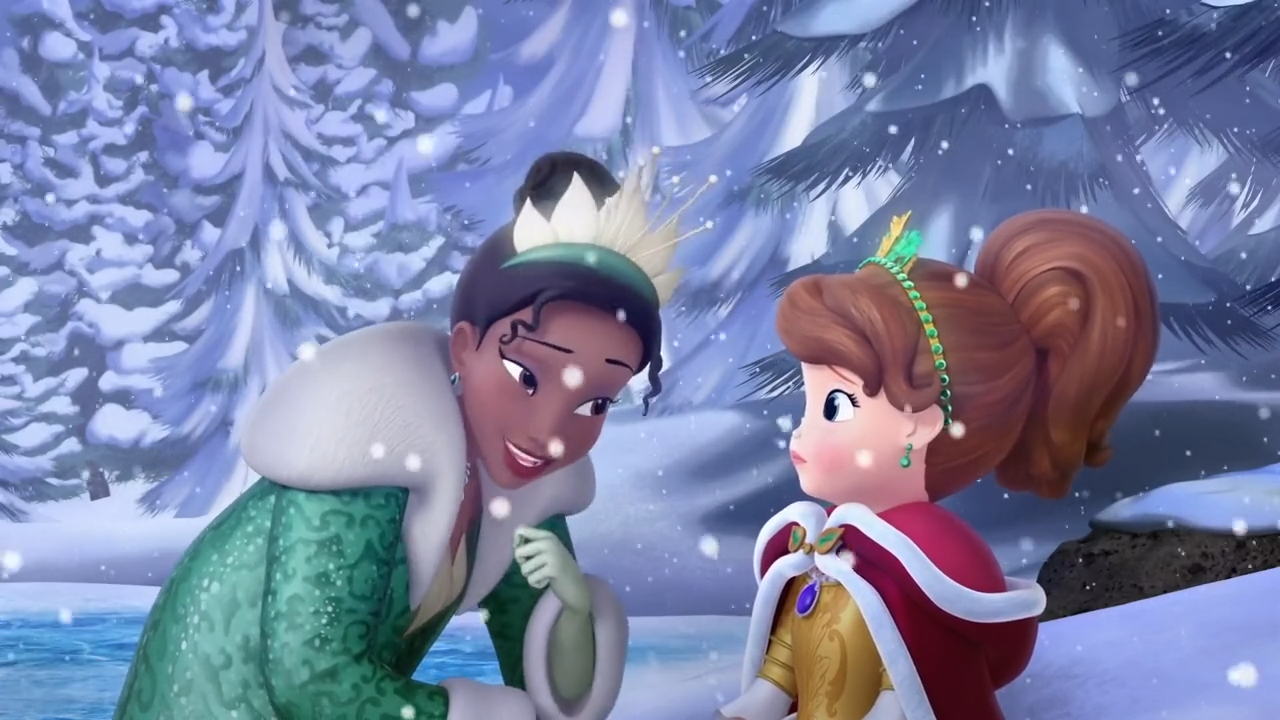 a cartoon of a princess and a princess in a snowy forest