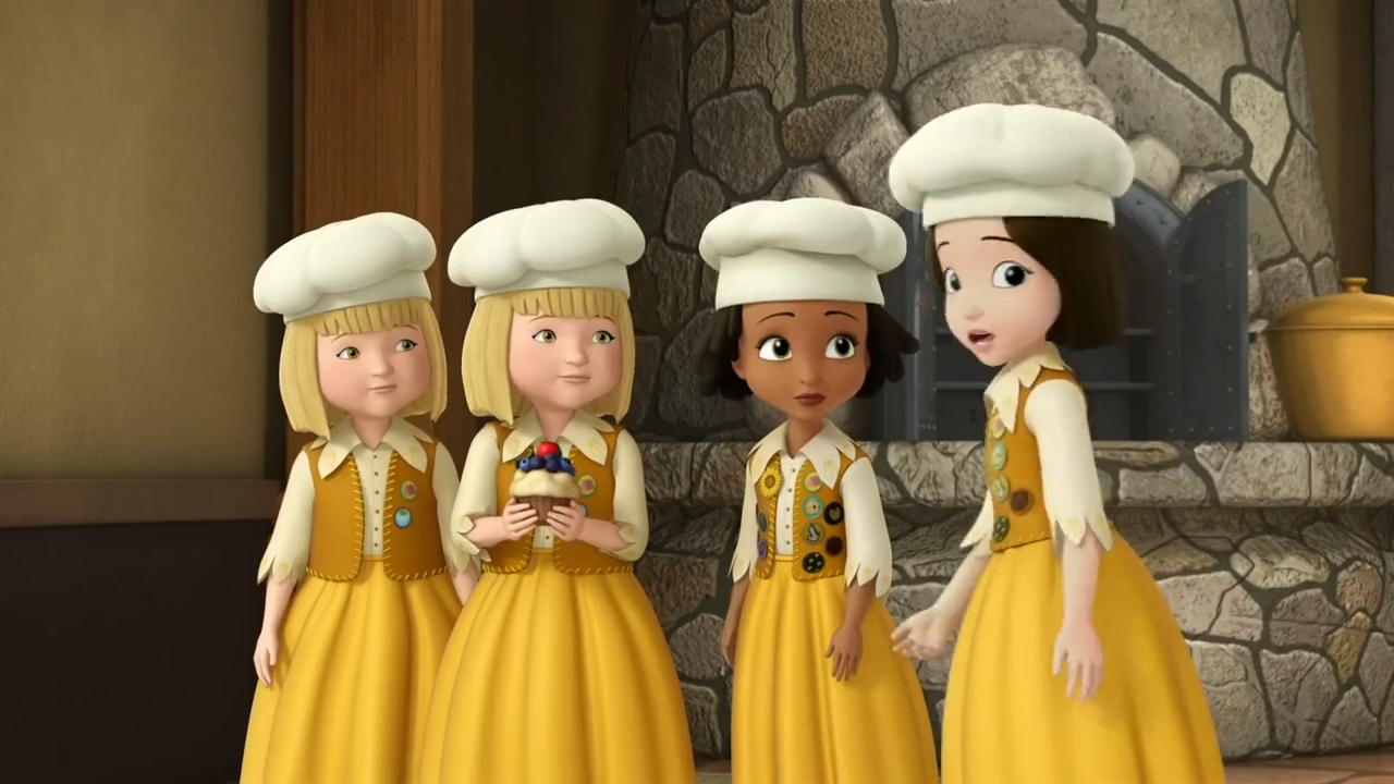 a group of cartoon girls wearing yellow dresses and white hats