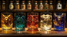 a group of glasses with different colored liquid