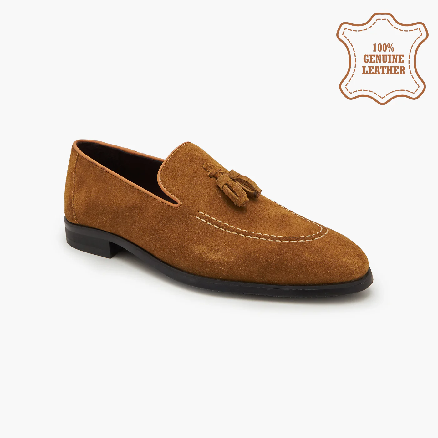 a brown loafer with white stitching