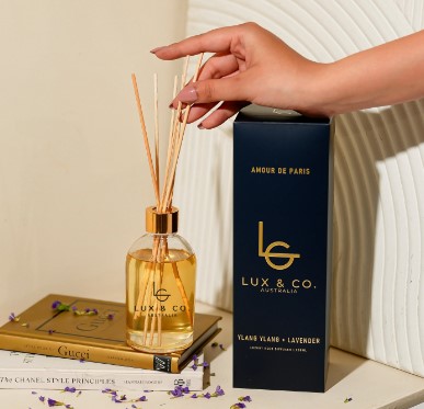 a hand holding a bottle of reed diffuser next to a box
