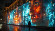 a person standing in front of a large wall with a large image of a woman's face