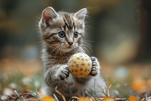 a kitten holding a ball