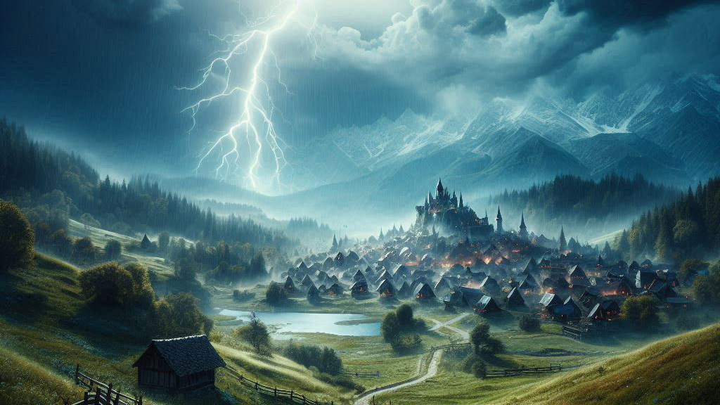 a lightning in the sky over a village