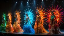 a group of women in colorful dresses on a stage