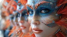 a group of mannequins with blue and orange face paint