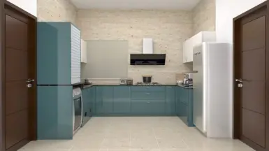 a kitchen with blue cabinets and white appliances