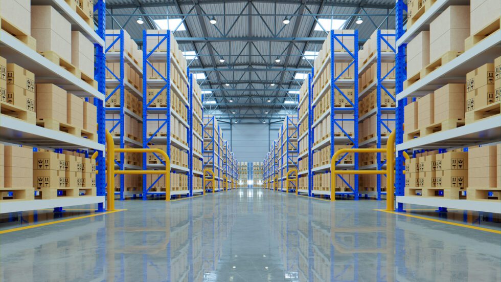 a warehouse with shelves and boxes