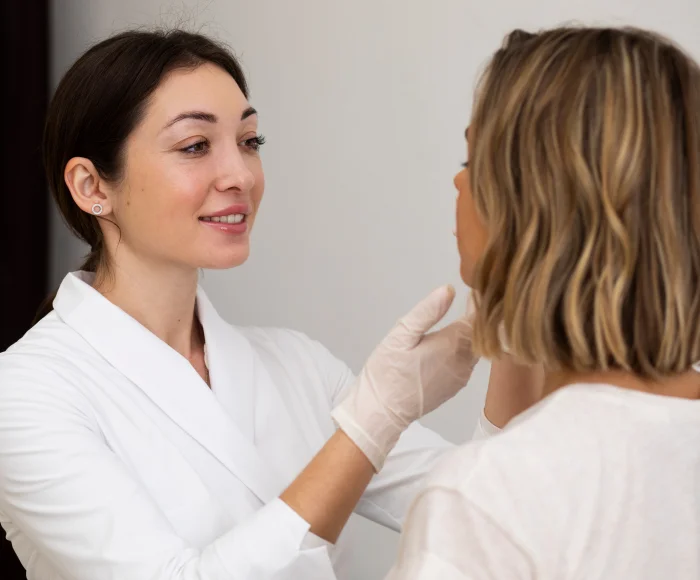 a woman in white coat and gloves touching a woman's face