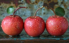 a group of apples with leaves