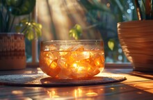 a bowl of ice cubes on a table