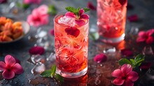 a glass of red liquid with ice and flowers