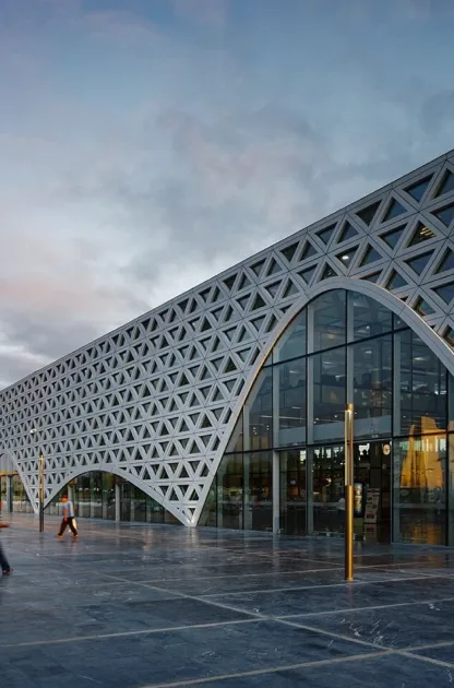 a building with a triangular pattern