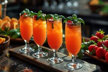 a row of glasses with orange liquid and strawberries