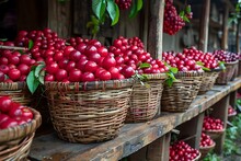 baskets of red fruits on a shelf