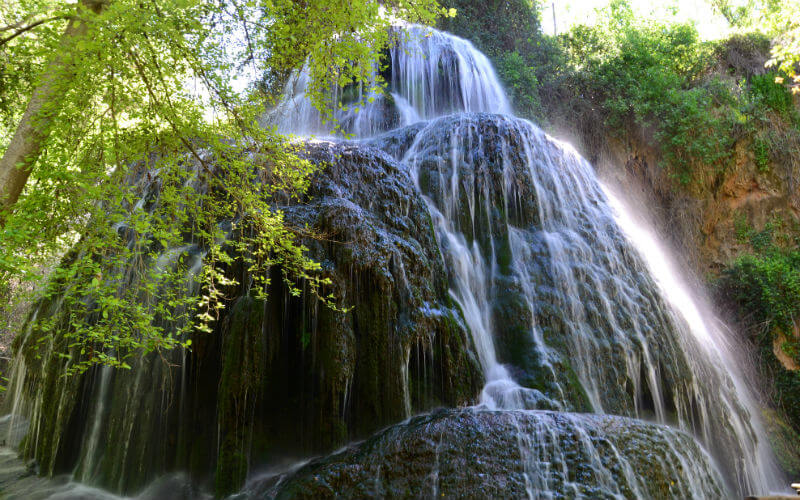 a waterfall with trees around it