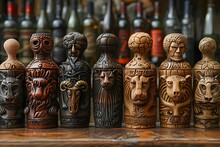 a group of bottles with animal heads