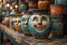 a group of vases with faces on them