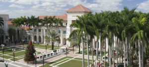 a building with palm trees