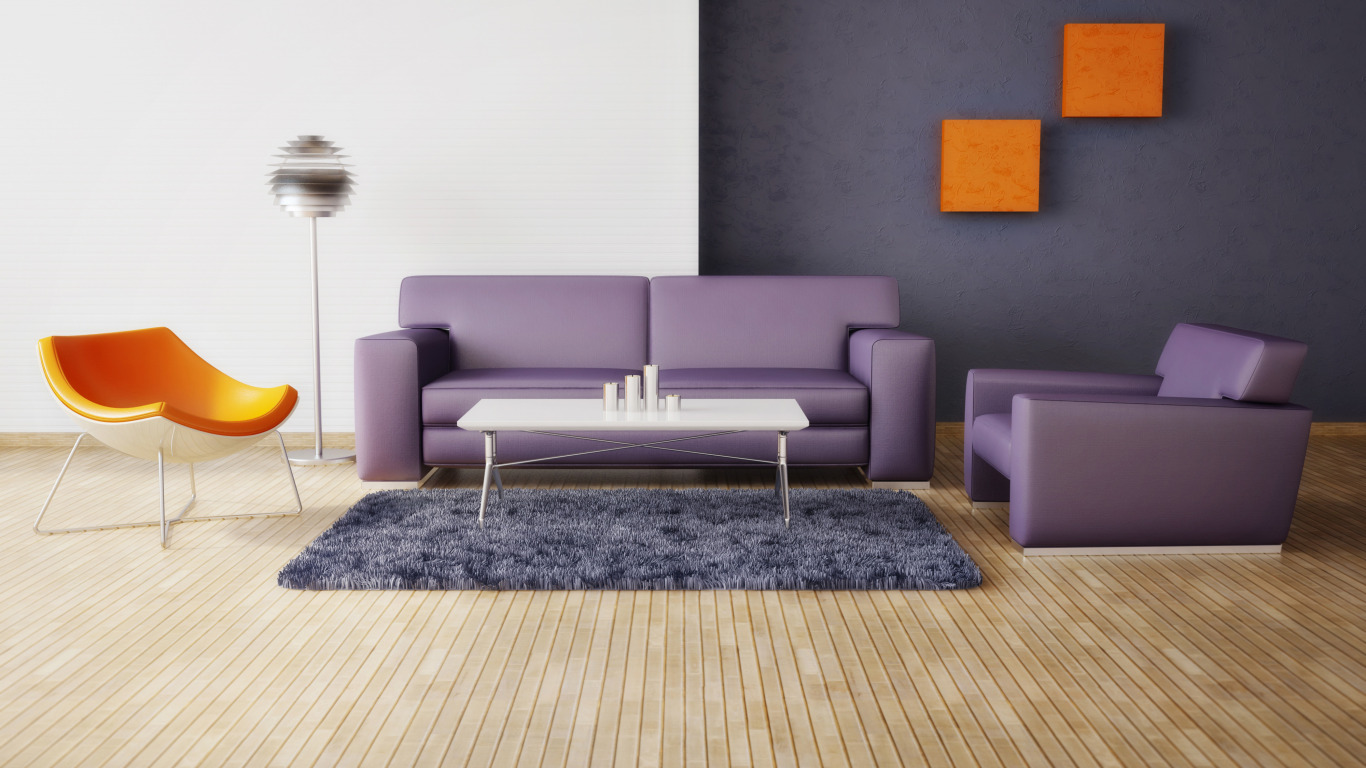 a living room with purple couches and a white coffee table