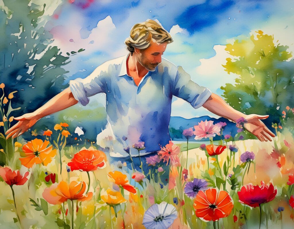 a man in a field of flowers