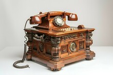 a wooden telephone with a cord