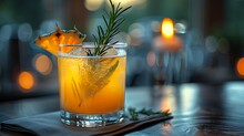 a glass with a drink and a slice of rosemary on it