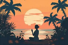 a woman sitting in a lotus position with palm trees and a sunset