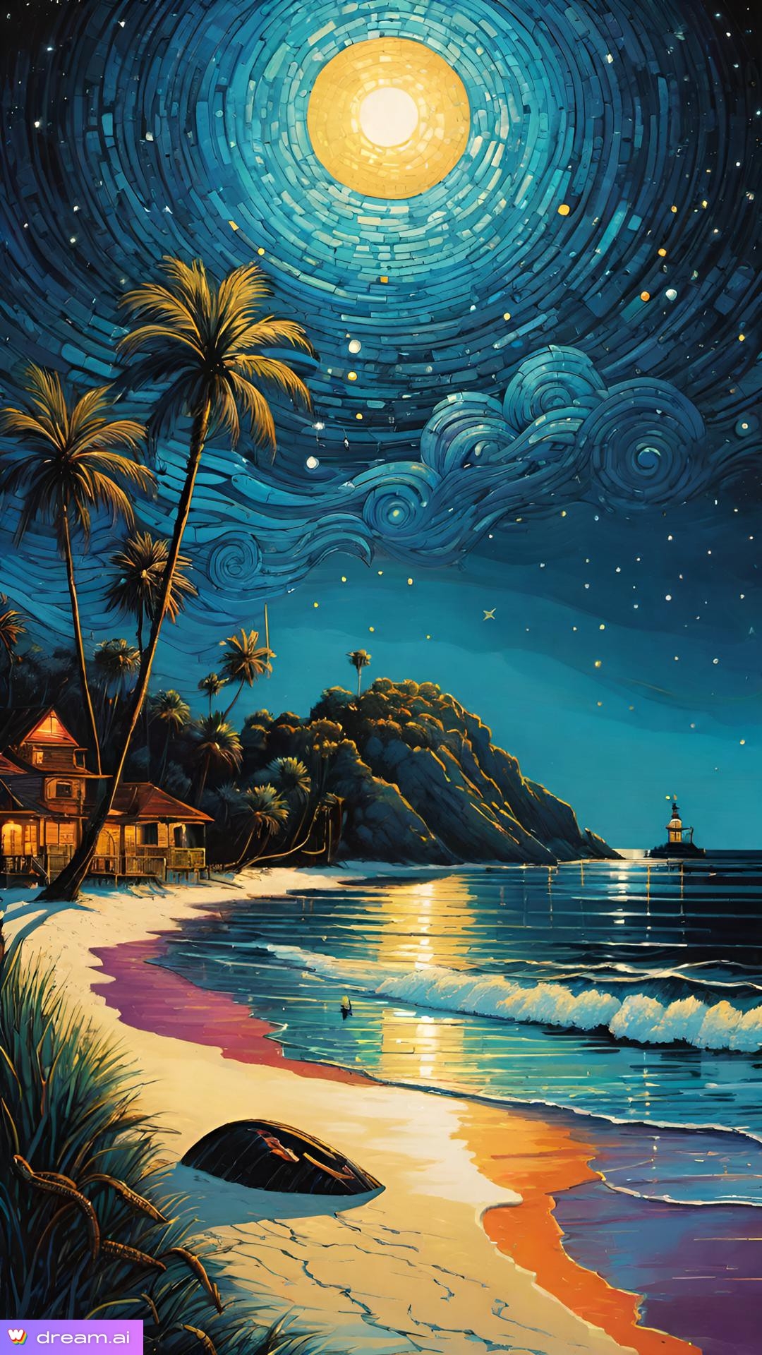 a beach with palm trees and a house at night