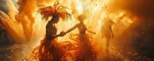 a group of people dancing in orange dresses