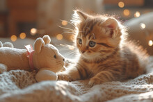 a kitten playing with a stuffed animal