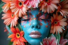 a woman with blue face and flowers