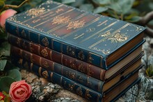 a stack of books on a rock