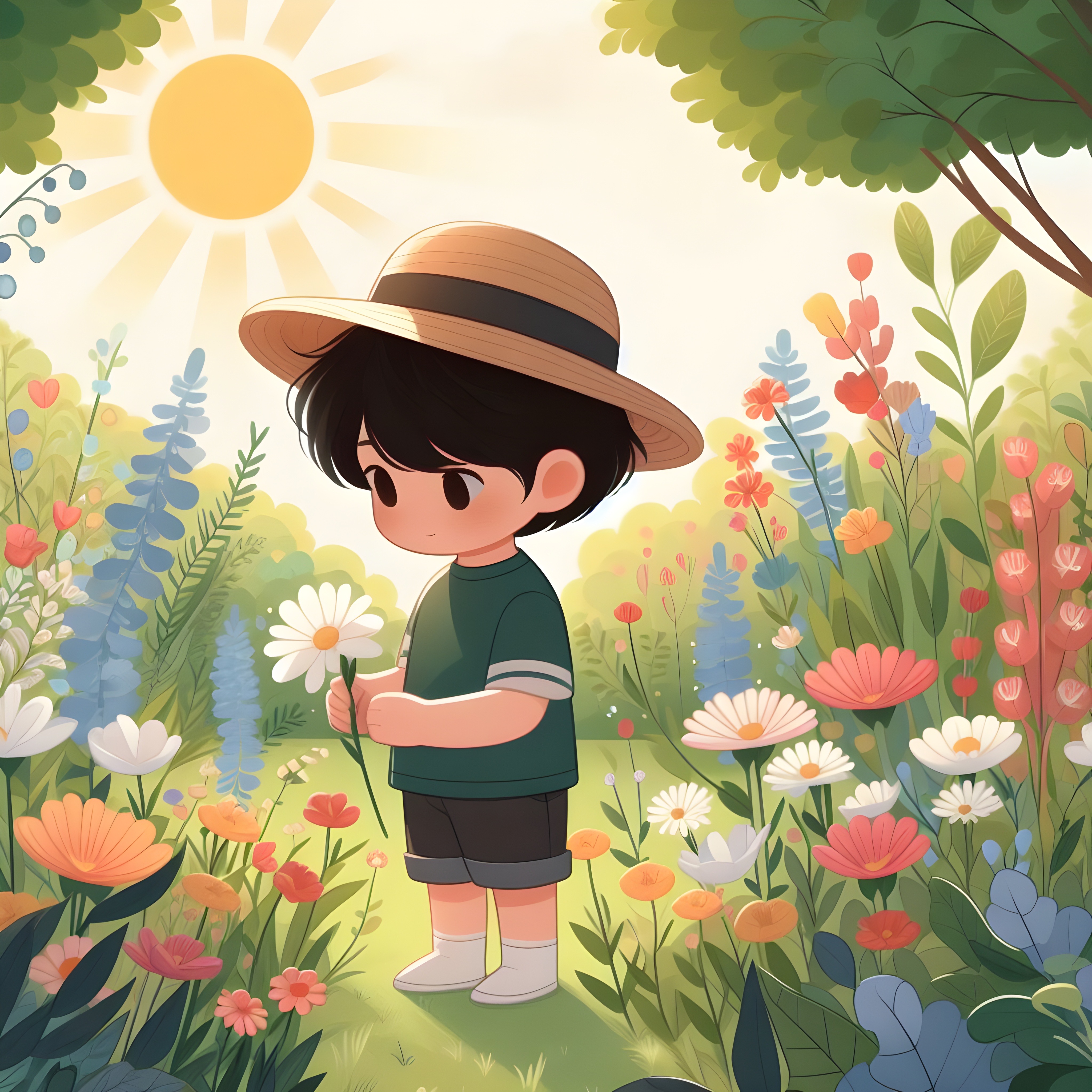 a cartoon of a boy holding flowers