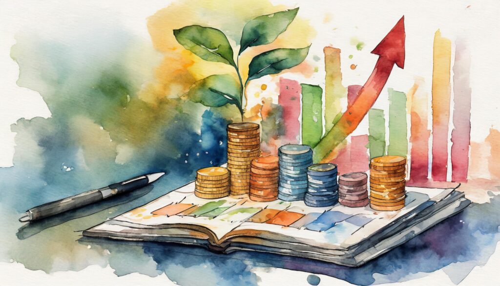 a watercolor of a book with coins and a pen