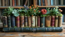 a group of books with flowers in them