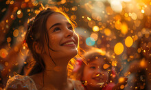 a woman looking up at a child