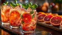 two glasses of liquid with orange slices and mint leaves