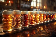 a row of mugs of beer