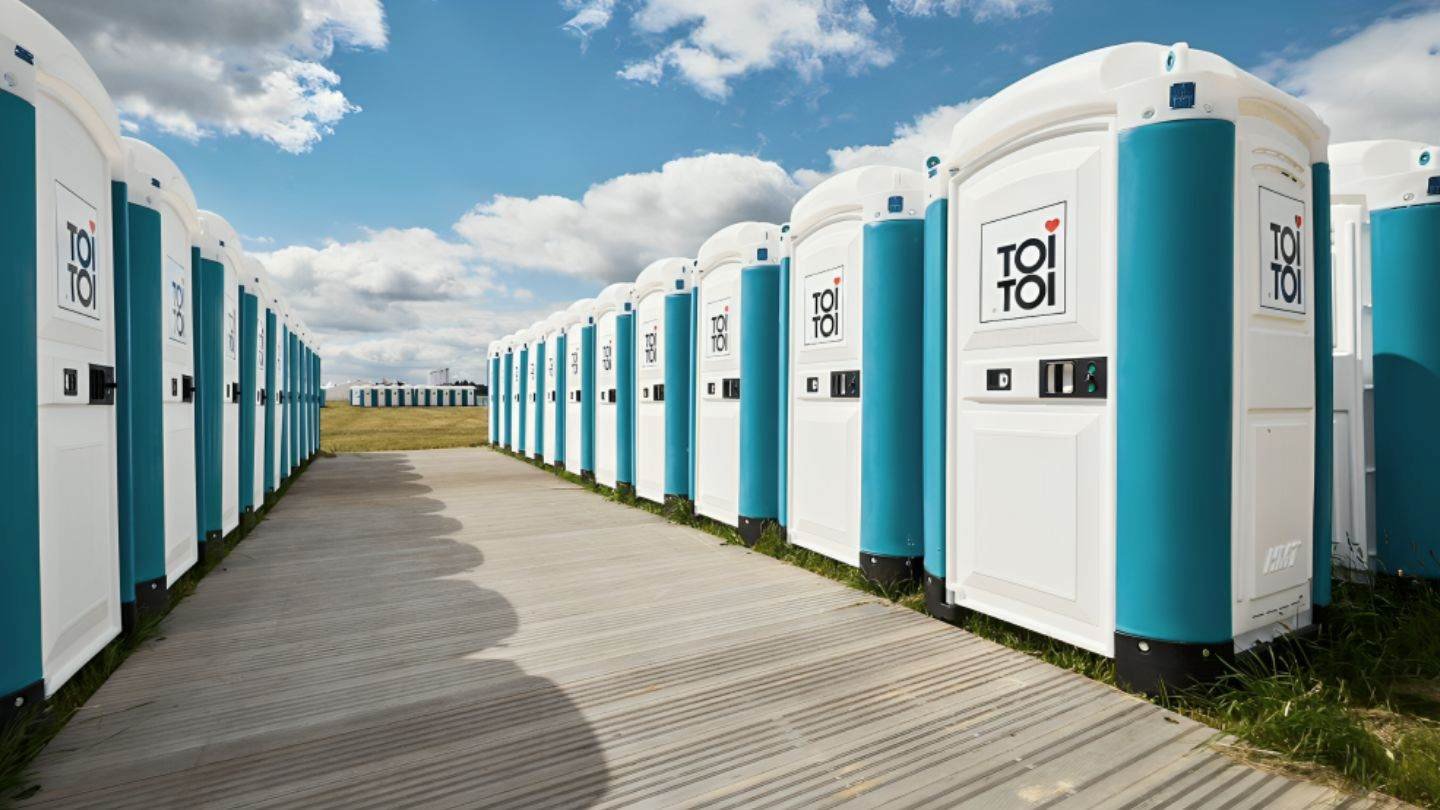 a row of portable toilets with Hoover Building in the background